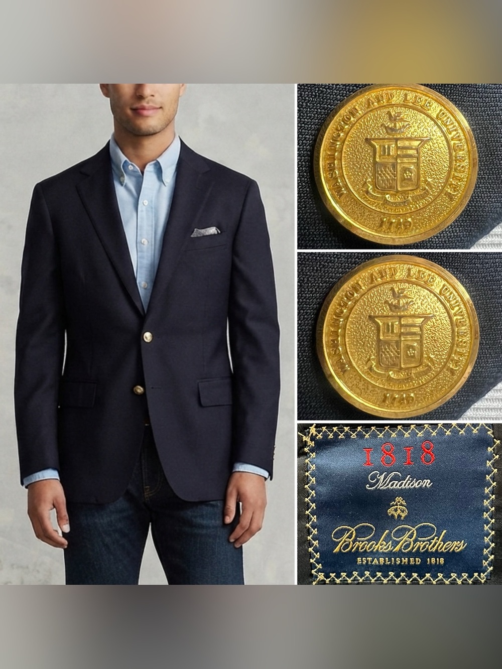 Brooks Brothers 1818 Madison Men's 44XL Navy Blue Gold Button Blazer Jacket